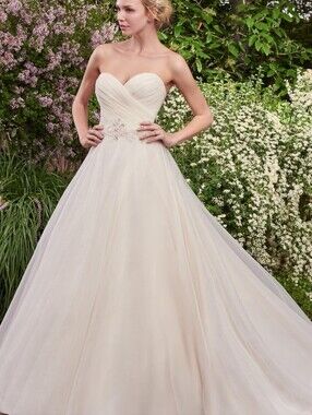 Elegant Champagne Wedding Dress with Silver Embellished Waist - Rebecca Ingram